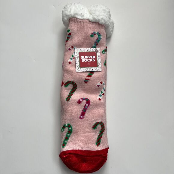 Christmas Holiday Candy Cane Fuzzy Slipper Socks Pink Red Green White NWT - Picture 1 of 5
